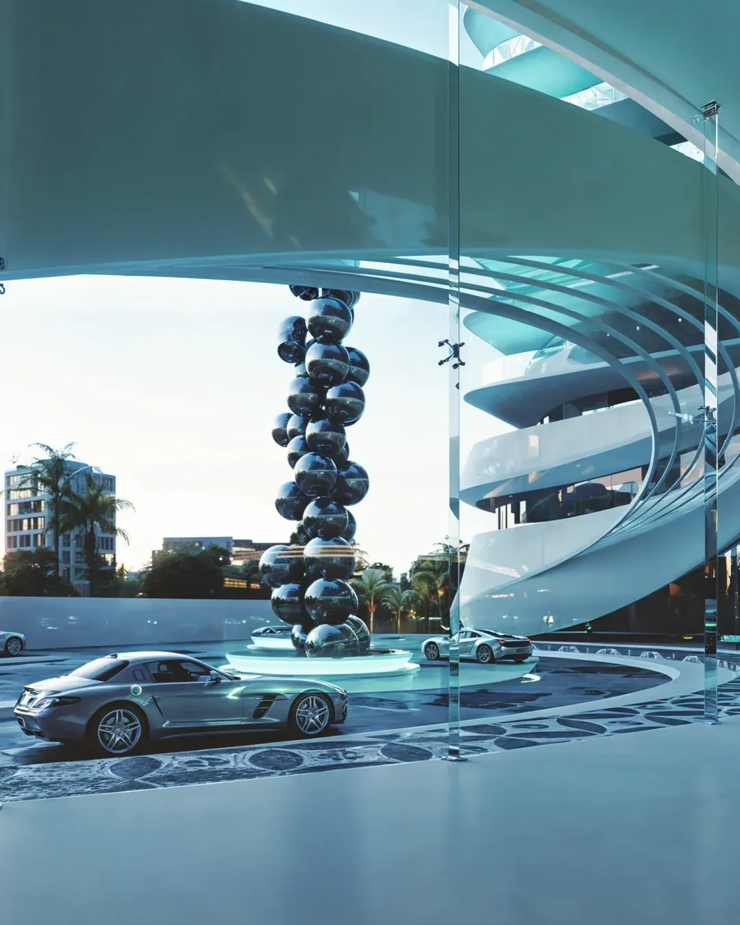 Detalhe da fachada curva das torres do Atmosphere Home Spa ao entardecer