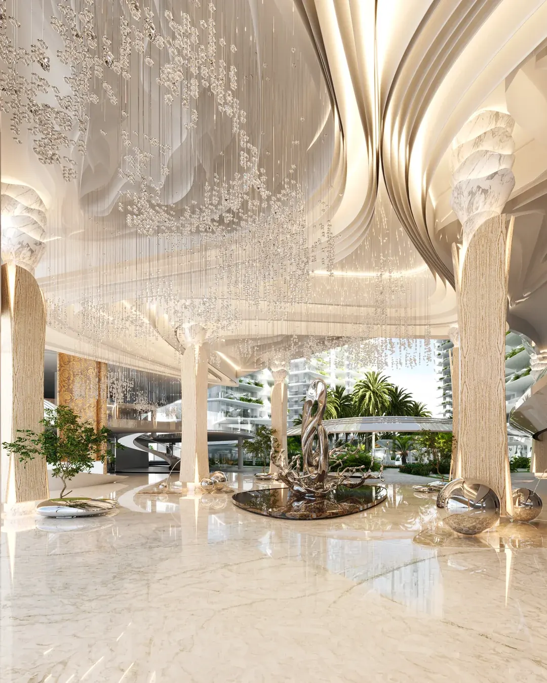 Majestic Hall: hall de entrada com pé-direito alto, lustres de cristal e lounges