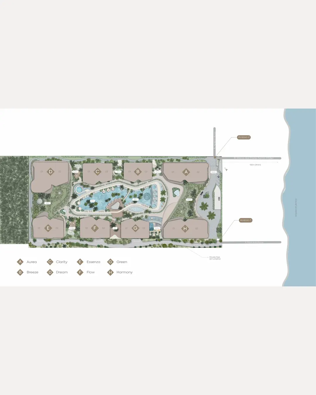 Implantação do Atmosphere Home Spa: as oito torres, o wellness center e as áreas preservadas do terreno de 21.915,06 m²