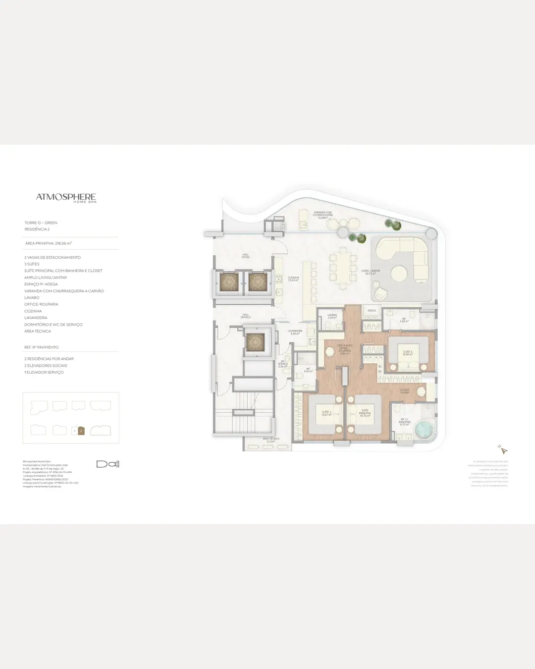 Planta humanizada da Torre G, Green, Residência 2, com 218,17 m² privativos e três suítes