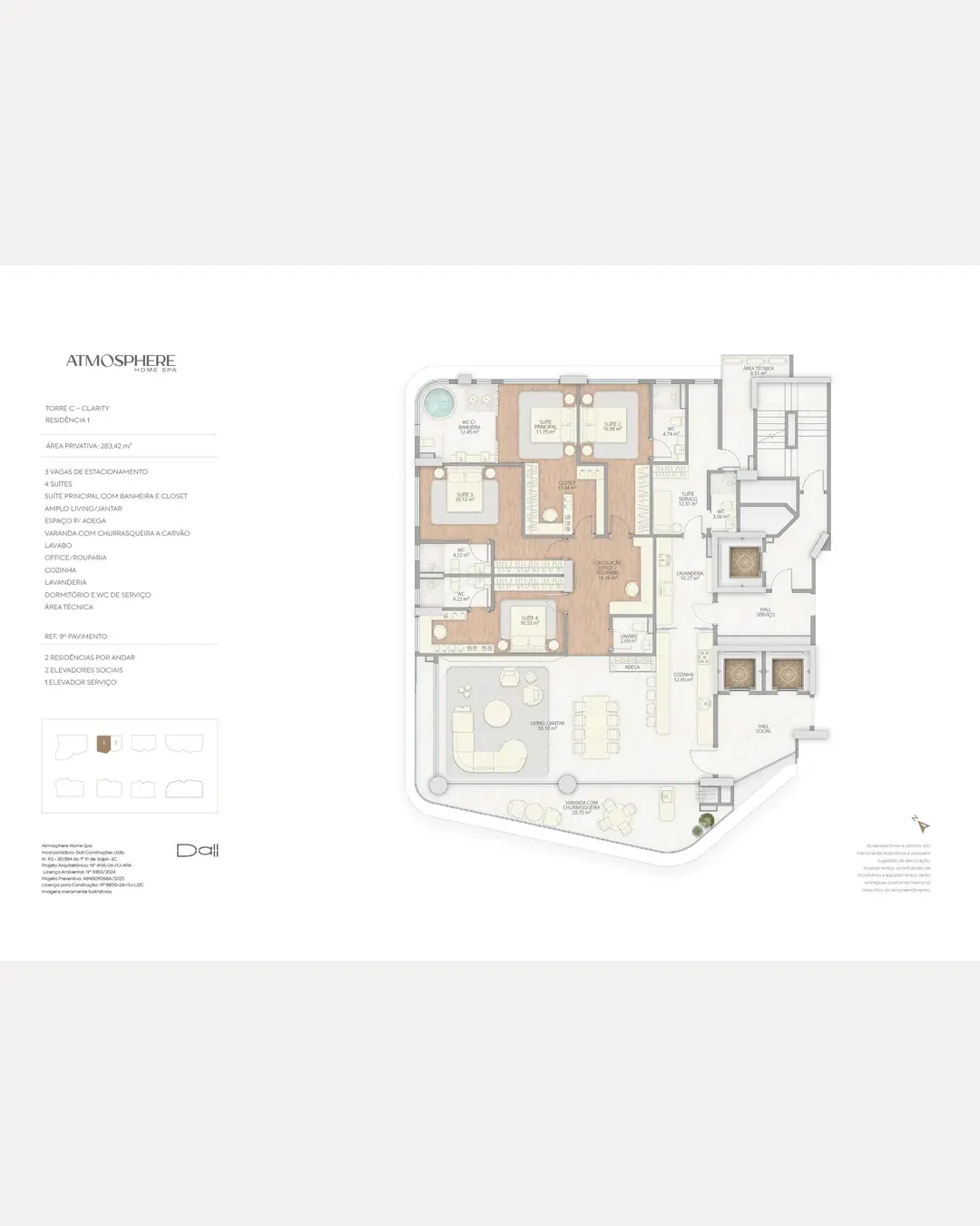 Planta humanizada da Torre C, Clarity, Residência 1, com 283,42 m² privativos e quatro suítes