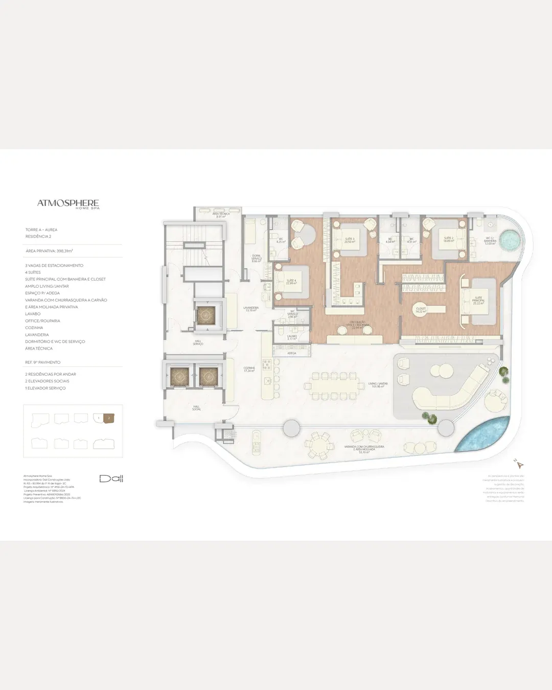 Planta humanizada da Torre A, Aurea, Residência 2, com 398,31 m² privativos e quatro suítes