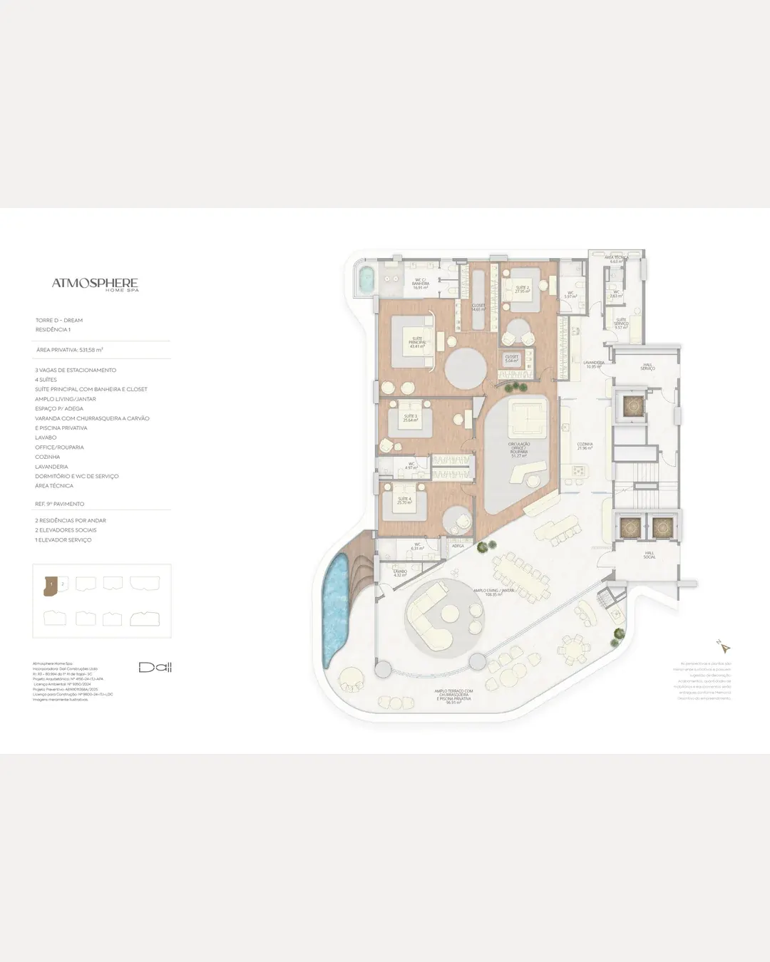 Planta humanizada da Torre D, Dream, Residência 1, com 531,58 m² privativos e quatro suítes