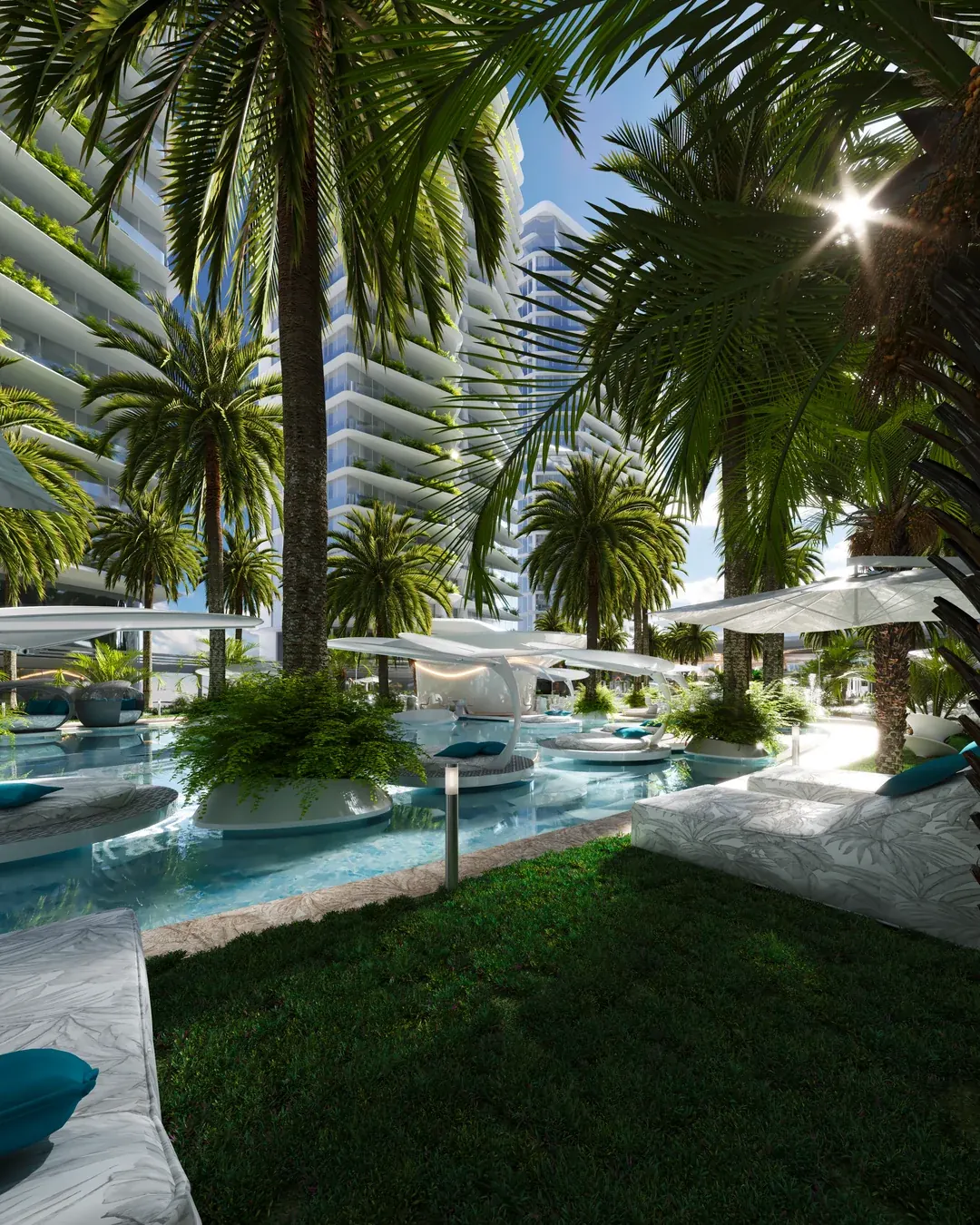 Pool Club: piscina da família com deck, palmeiras e as torres ao fundo